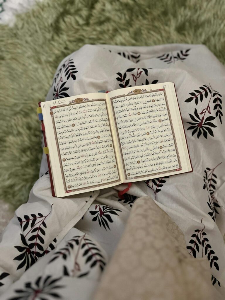 An open Quran displayed on a patterned fabric, emphasizing its religious significance.